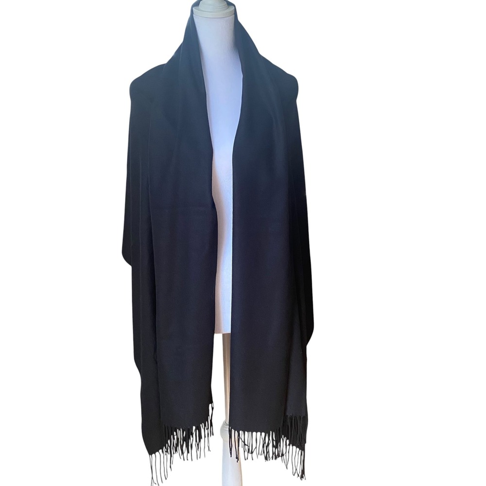 Womens Black Pashmina Shawl Wrap Scarf Tassel Fringe‎ Solid Classic 27in W